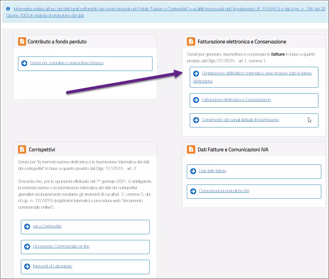 Schermata Fatture e corrispettivi con la voce registrazione indirizzo telematico