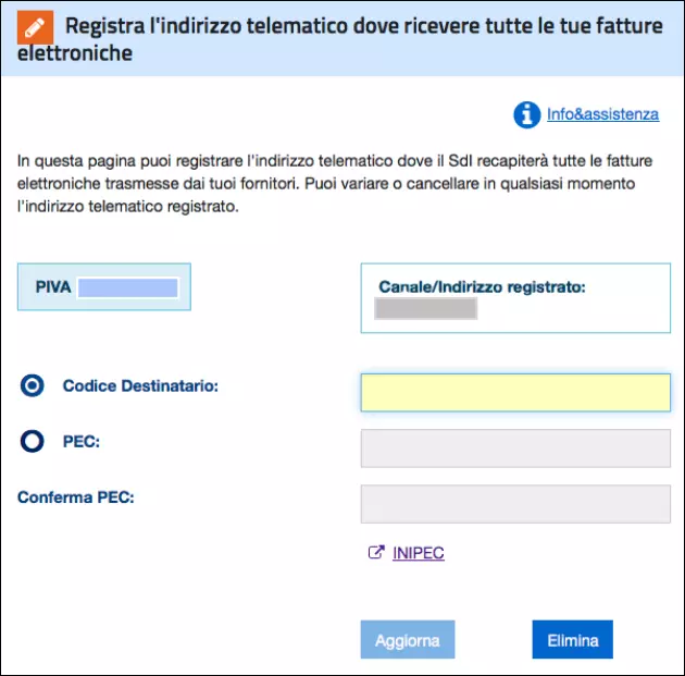 Schermata inserimento partita IVA e codice destinatario JKKZDGR